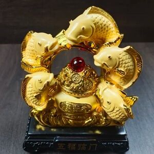 LUCKY KOI Gold Fish Figurine with Red Accent